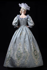 Blue Boat Neck Half Sleeves High Waisted Hollow Embroidery Floral Print Victorian Lolita Prom Dress - Product - 4