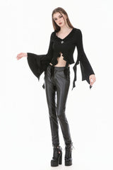 Black Cross Ruffled V Collar Irregular Split Long Trumpet Sleeves Women's Gothic Crop Top with Streamer - Product - 8