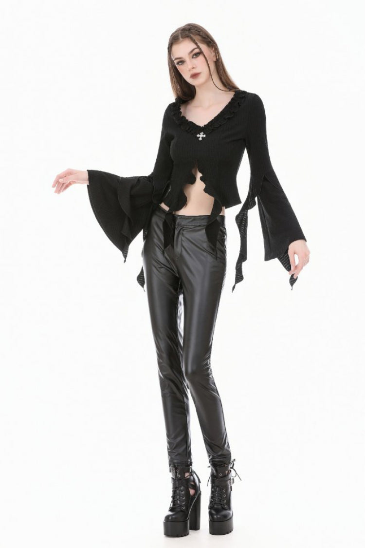 Black Cross Ruffled V Collar Irregular Split Long Trumpet Sleeves Women's Gothic Crop Top with Streamer - Product - 8