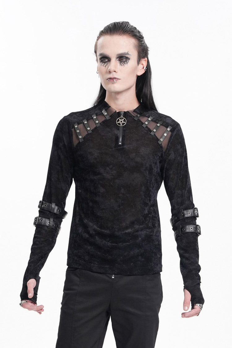 Black Round Collar Long Sleeves Buckle Star Studs Men's Gothic T-Shirt - Product - 4