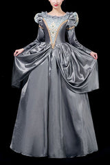 Gray Boat Neck Long Sleeves Floral Print Victorian Lolita Prom Dress - grey - 1