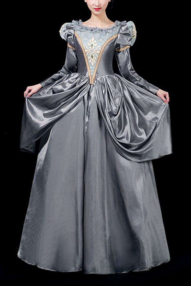 Gray Boat Neck Long Sleeves Floral Print Victorian Lolita Prom Dress - grey - 1