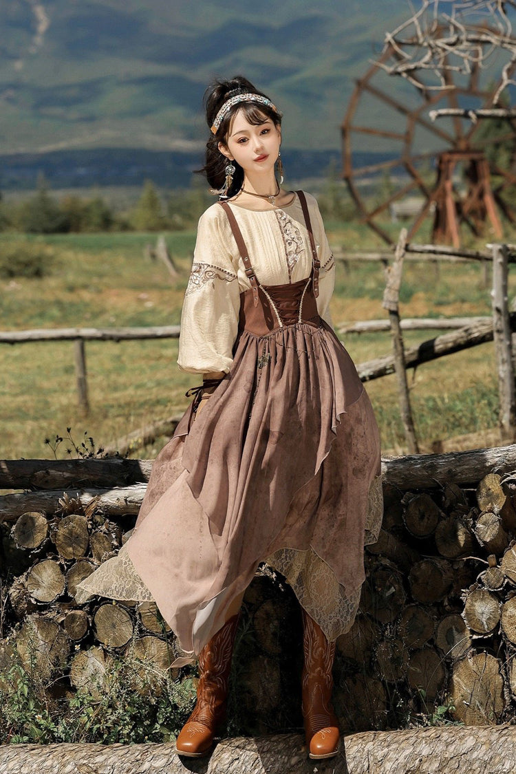 Brown Round Collar High Waisted Irregular Women's Handsome Lolita Jsk Dress Set - Product - 5