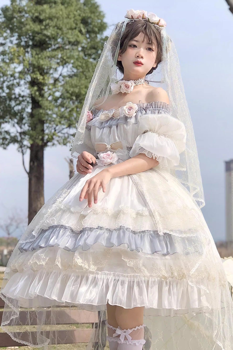 Grey/Blue [Spring of Boliya] Long Sleeves Multi-Layered Ruffle Bowknot Lace Lace-Up Sweet Princess Lolita Dress - Product - 2