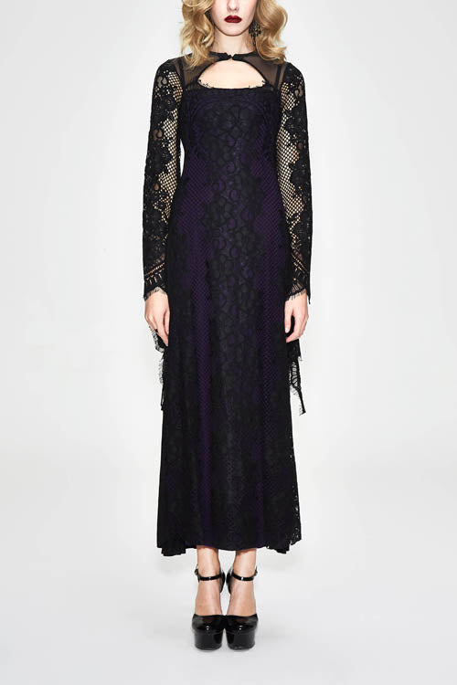 Gothic Positioning Flower Elegant Lace Flared Long Sleeves Womens Dress - Black/Purple - 1