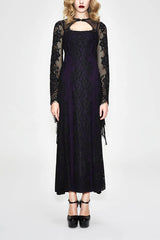 Gothic Positioning Flower Elegant Lace Flared Long Sleeves Womens Dress - Black/Purple - 1