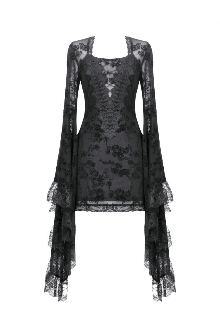 Black Square Collar Long Trumpet Sleeves Mesh Embroidered Lace Lace-Up Women's Gothic Dress - Product - 3