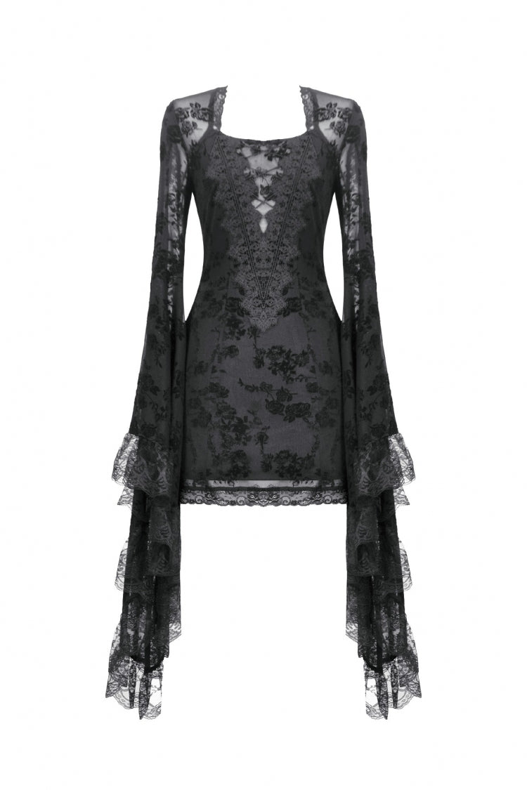 Black Square Collar Long Trumpet Sleeves Mesh Embroidered Lace Lace-Up Women's Gothic Dress - Product - 3