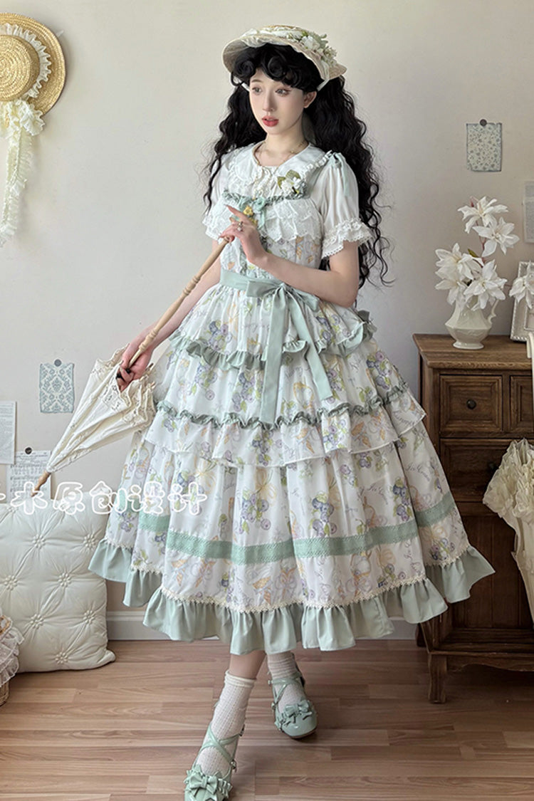 [Blueberry Early Summer] Sleeveless Triple-Layered Print Ruffle Bowknot Lace Sweet Lolita Jsk Dress 2 Colors - Green - 7