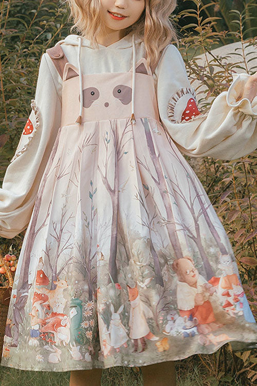 Light Pink Raccoon Print and Ears Round Collar High Waisted Autumn Winter Sweet Lolita JSK Dress - Pink - 1