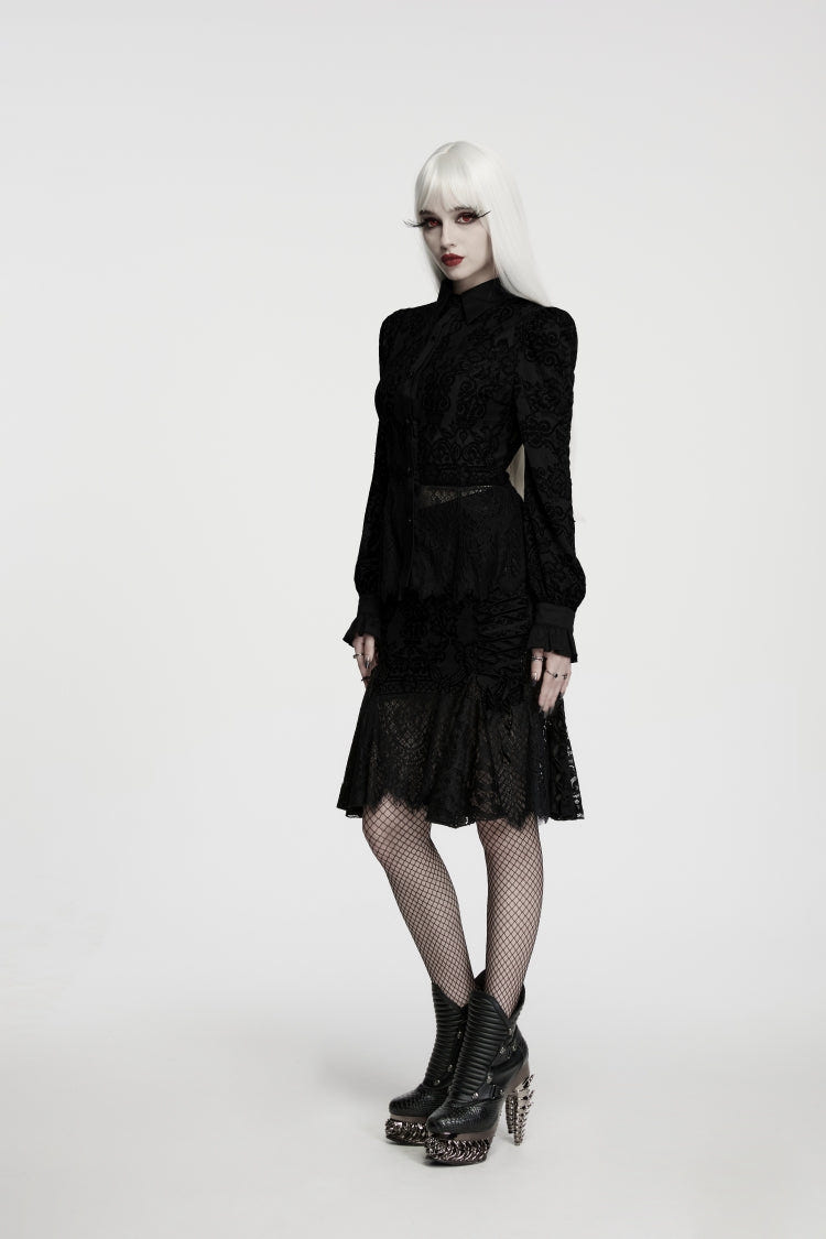 Black Lapel Collar Long Sleeves Embroidered Lace Lace-Up Women's Gothic Elegant Blouse - Product - 5