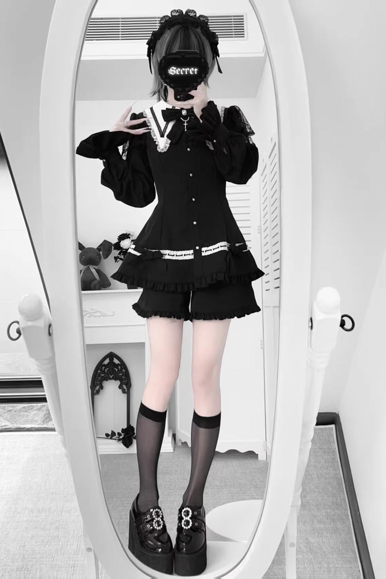 Black Long Sleeves Ruffled Bow Gothic Jirai Kei Dress Shorts - Product - 3