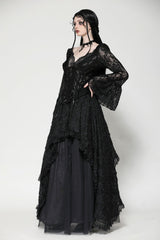 Black Deep V Collar Long Trumpet Sleeves Lace Lace-Up Women's Gothic Corset Top - Product - 8