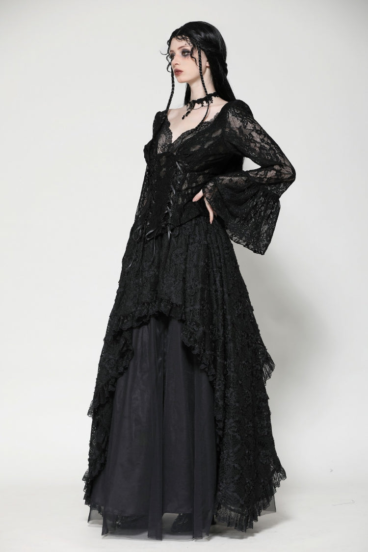 Black Deep V Collar Long Trumpet Sleeves Lace Lace-Up Women's Gothic Corset Top - Product - 8