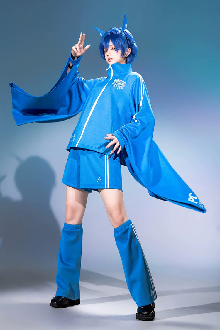 Blue [Network Error] Stand Collar Long Trumpet Sleeves Ouji Gothic Functional Style Japanese Prince Lolita Coat Shorts Set - Product - 2