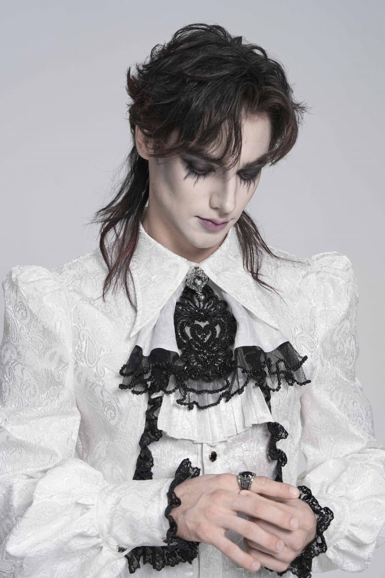White Printed Diamante Beaded Embroidered Patchwork Lace Men's Gothic Luxurious Royal Neckwear - Product - 8
