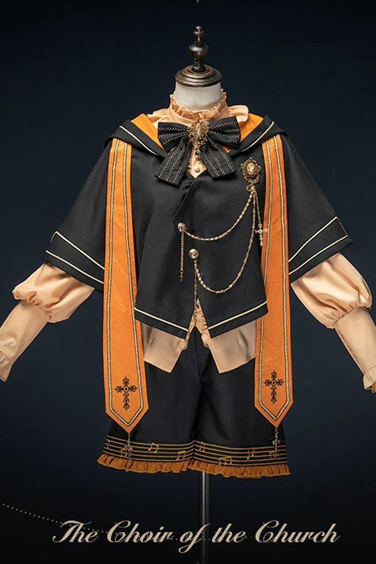 Black/Orange [The Choir Of The Church] Stand Collar Long Sleeves Bow Chain-Decorated Ouji Gothic Prince Lolita Pumpkin Shorts Set - Product - 3