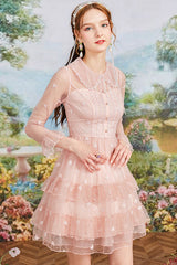 Pink Vintage French Doll Collar Ruffled Long Sleeves Mesh Embroidered Sweet Lolita OP Dress - Product - 3
