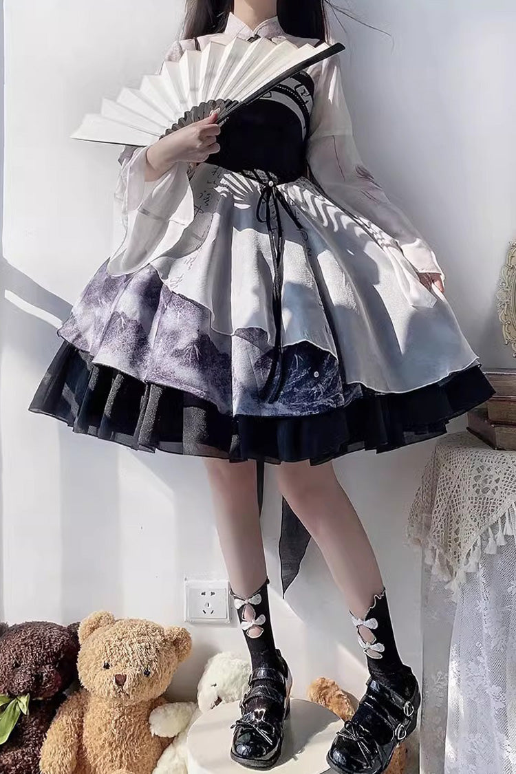 Multi-Color Multi-layer Chinese Ink Style Print Ruffle Sweet Lolita Jsk Dress Set - Product - 5