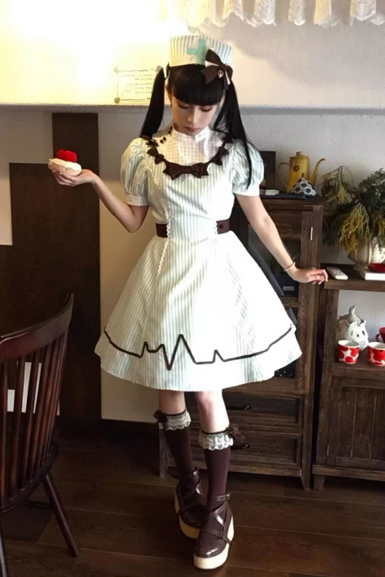 Light Green [Mint Prescription] Stand Collar Short Sleeves Vertical Stripe Printed Bow Sweet Lolita Nurse Dress - Product - 5