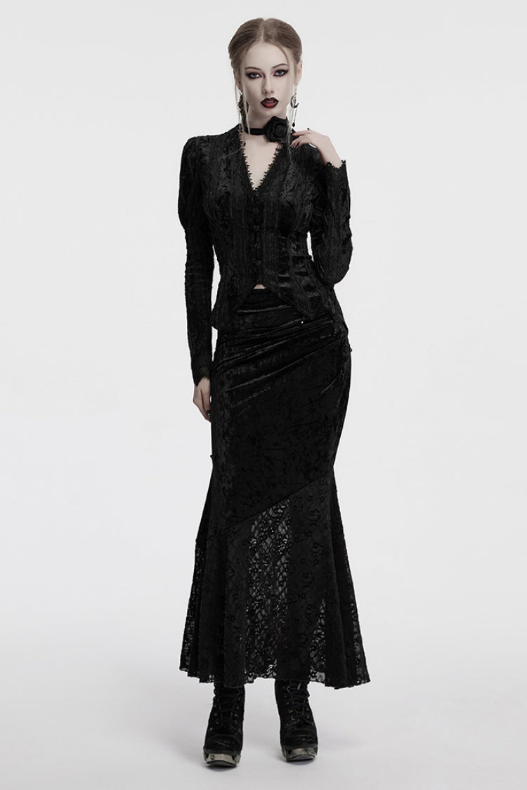 Black Batwing Hollow Embroidery Stitching Lace Women's Gothic Fishtailed Skirt - Product - 4