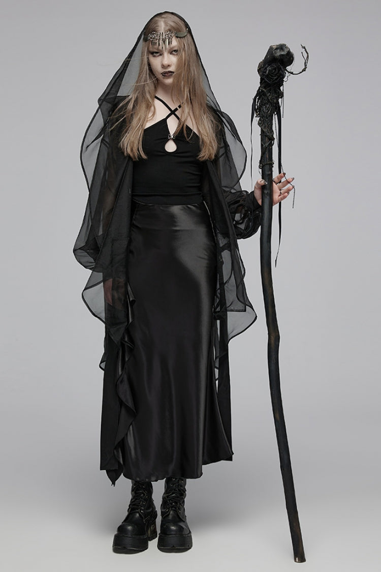 Black Ruffle Slim Asymmetric Women's Gothic Skirt - Product - 4
