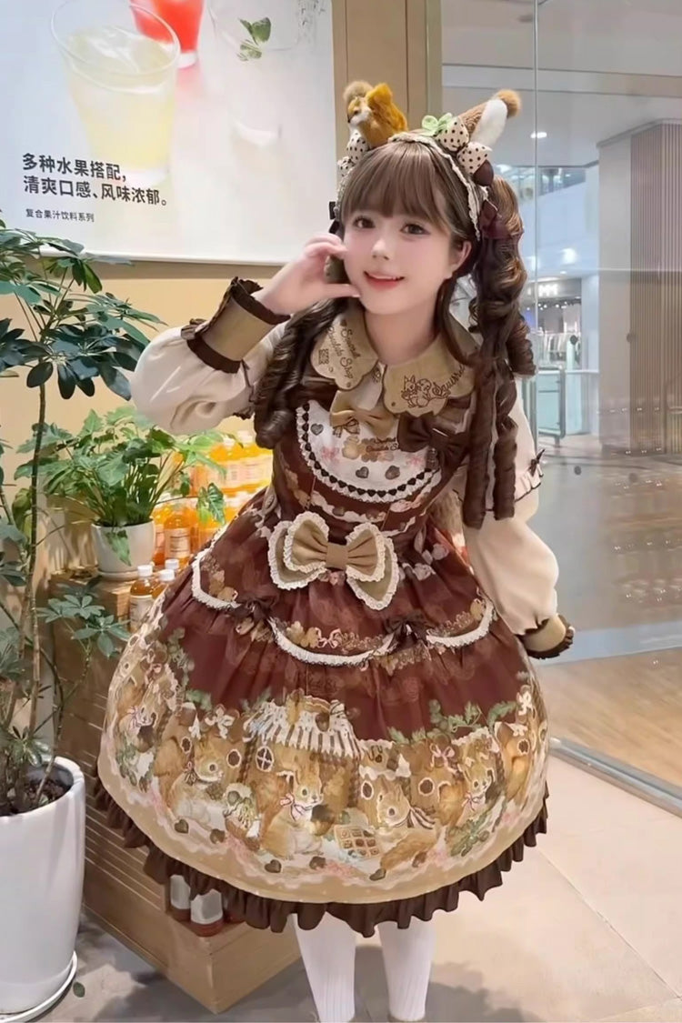 Brown [Squirrel Chocolate Shop] Sleeveless Printed Ruffled Bow Sweet Lolita JSK Dress with Blouse - Product - 5
