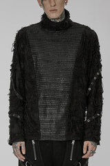 Black High Collar Stitching Ripped Men's Steampunk Blouse - Black - 1