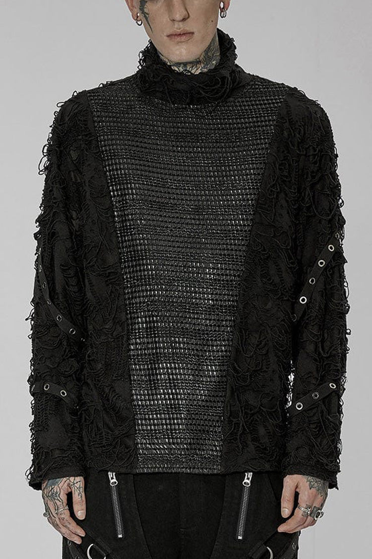 Black High Collar Stitching Ripped Men's Steampunk Blouse - Black - 1