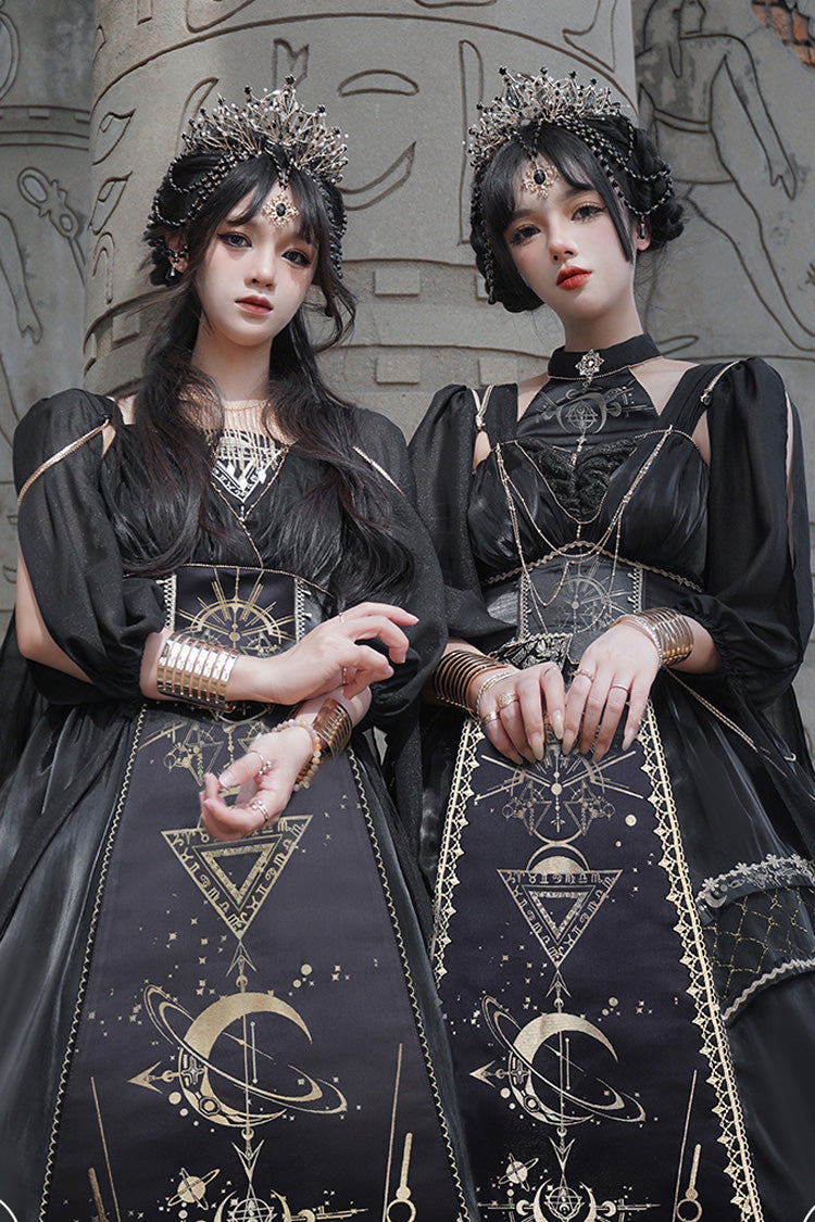 Black [Nightmare of Horus] Print Ruffle Hot Stamping Gothic Gorgeous Lolita Jsk Short Dress - Product - 5
