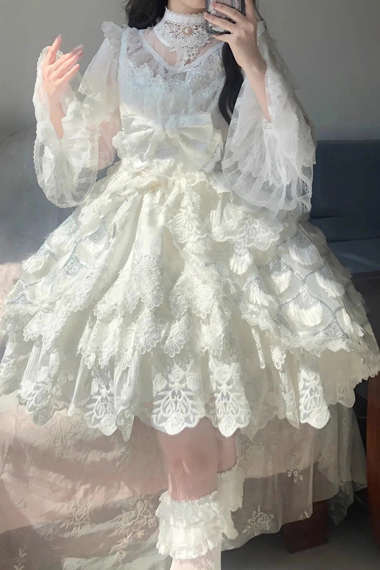 White [Peacock Feather] Multi-Layered Ruffle Hanayome Cardigan Bowknot Lace Sweet Lolita Jsk Dress Set - Product - 2