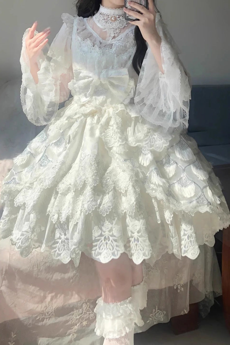 White [Peacock Feather] Multi-Layered Ruffle Hanayome Cardigan Bowknot Lace Sweet Lolita Jsk Dress Set - Product - 2