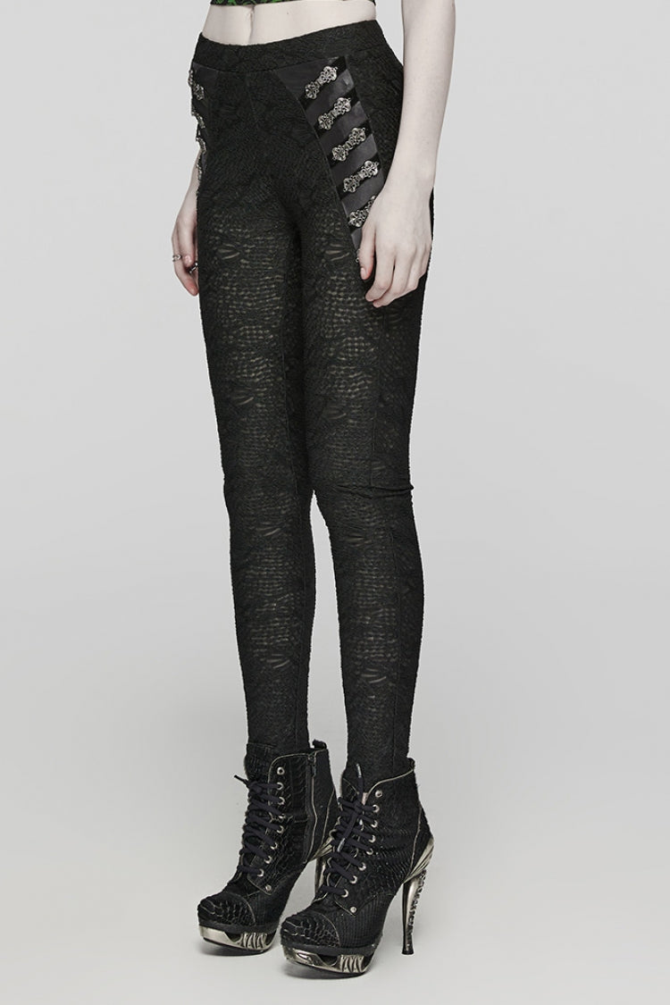 Black Print Slim Mesh Button Decoration Women's Gothic Leggings - Product - 2