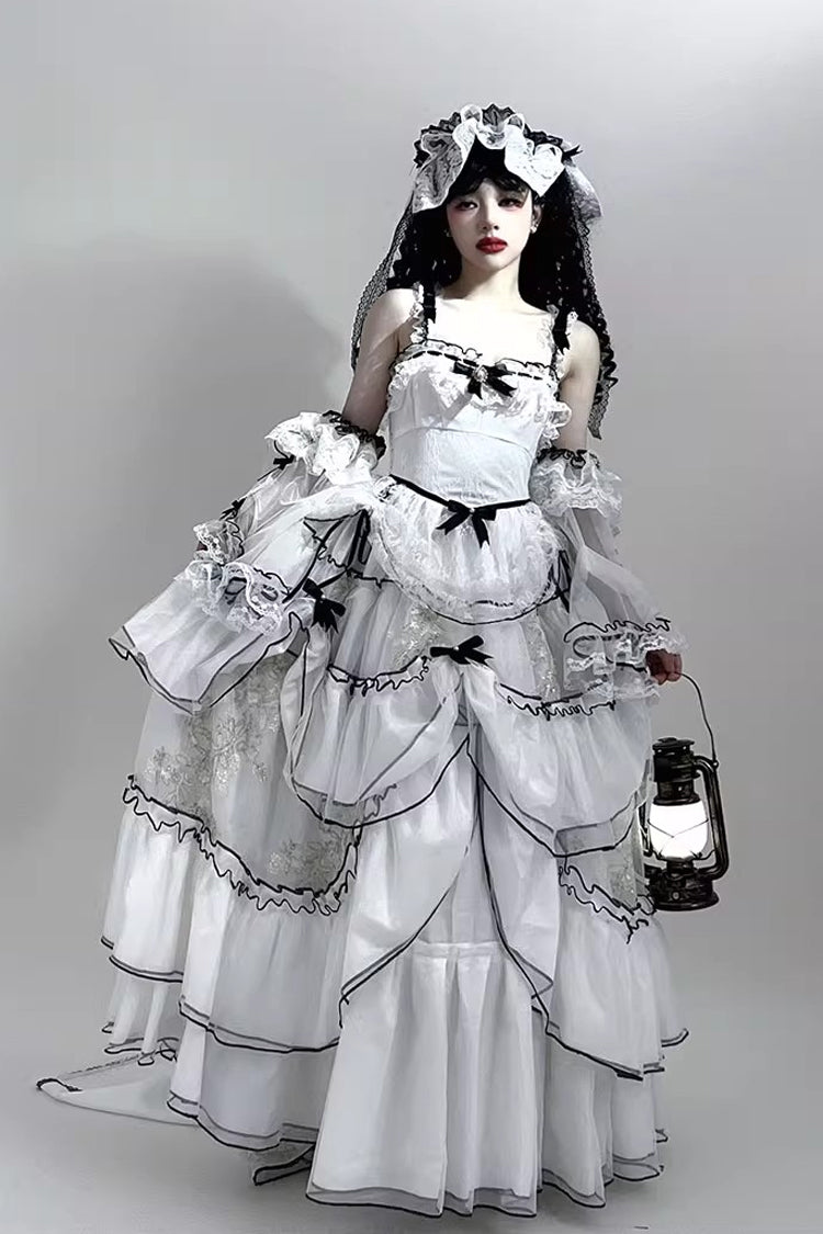 White [Cascade Poem] Sleeveless Multi-Layered Ruffle Hanayome Bowknot Lace Gothic Plus Size Gorgeous Lolita Jsk Long Dress - White - 1