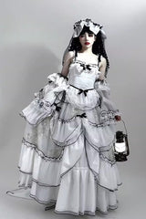 White [Cascade Poem] Sleeveless Multi-Layered Ruffle Hanayome Bowknot Lace Gothic Plus Size Gorgeous Lolita Jsk Long Dress - White - 1