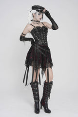 Black/Red Double-Layered Lace Lace-Up Irregular Mesh Eyelet Women's Punk Skirt - Product - 3