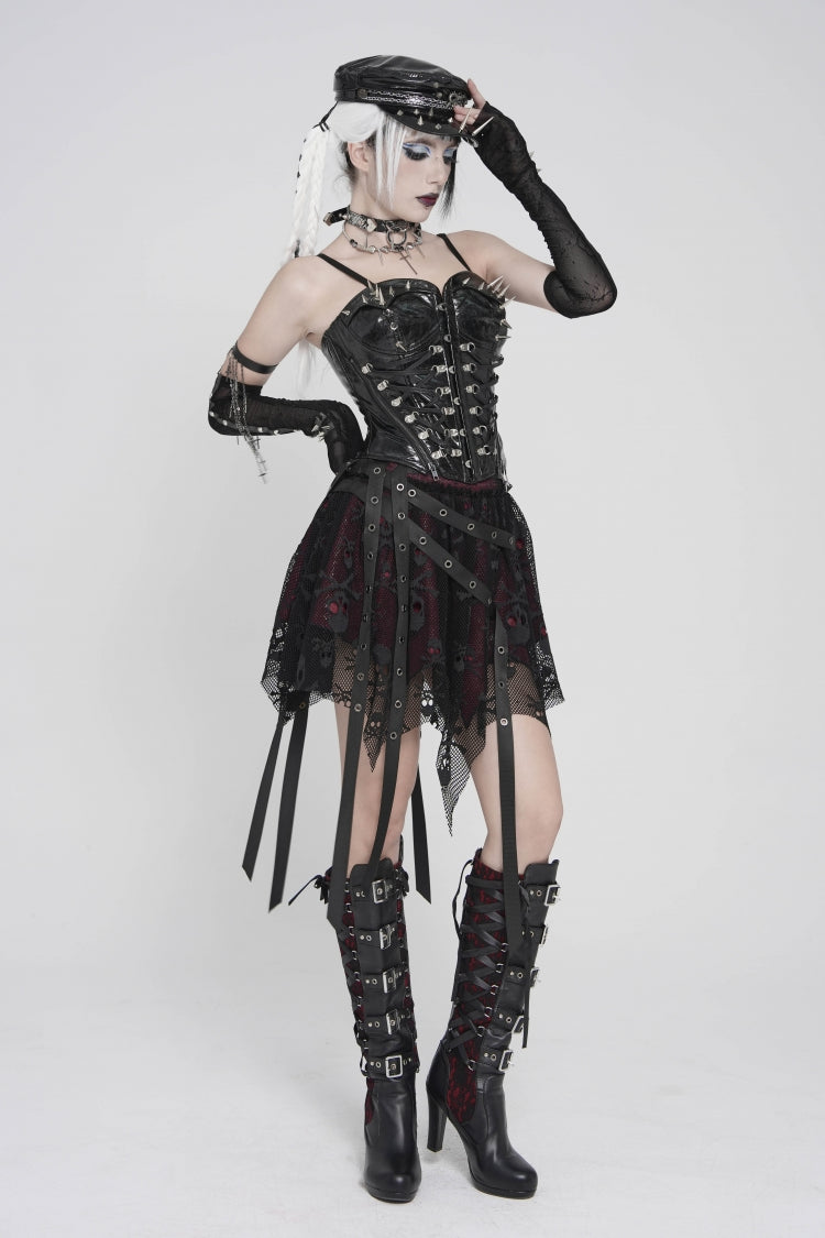 Black/Red Double-Layered Lace Lace-Up Irregular Mesh Eyelet Women's Punk Skirt - Product - 3