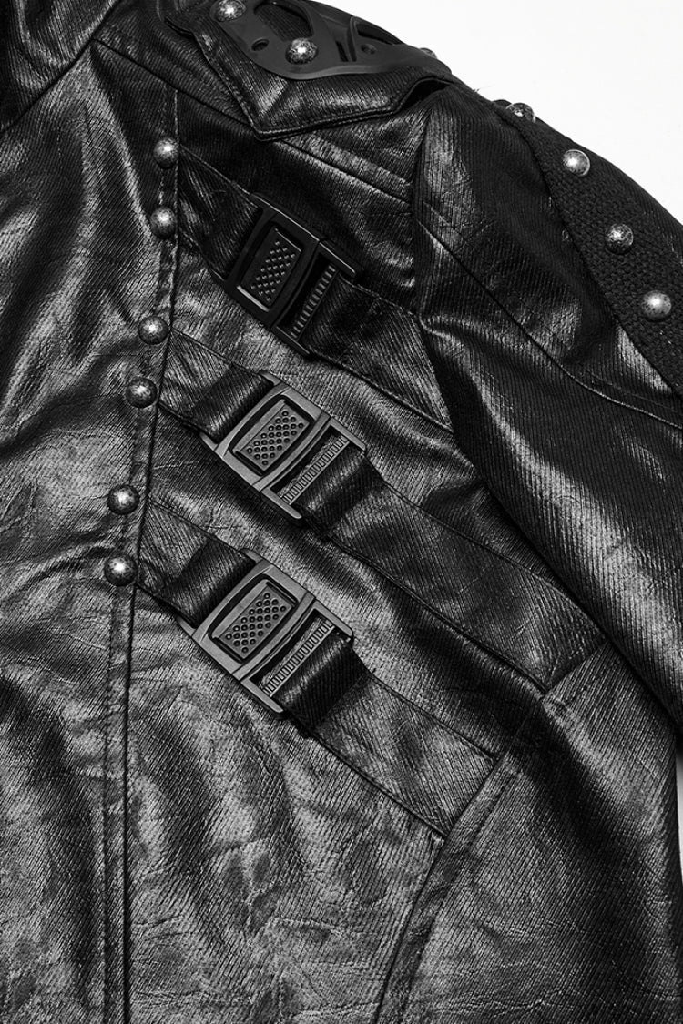 Black Stand Collar Long Sleeves Faux Leather Buckle Men's Punk Coat - Product - 5