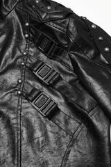 Black Stand Collar Long Sleeves Faux Leather Buckle Men's Punk Coat - Product - 5