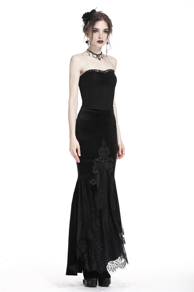 Black Velour Lace Spliced Women's Gothic Mermaid Maxi Skirt - Product - 2