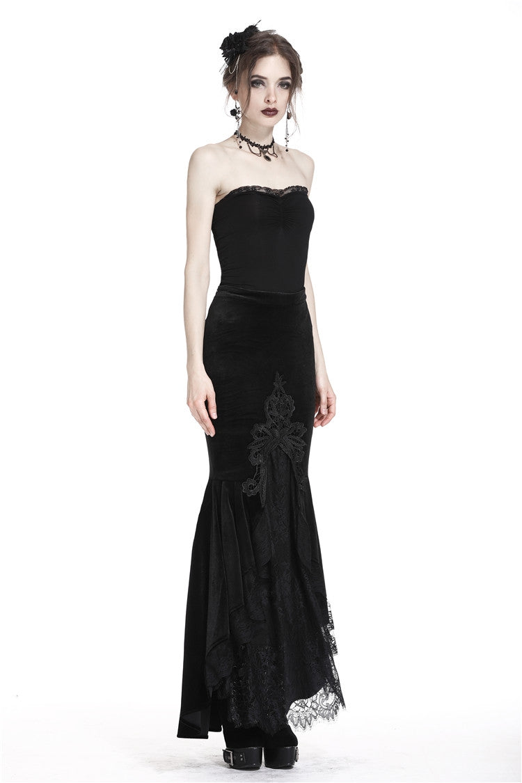 Black Velour Lace Spliced Women's Gothic Mermaid Maxi Skirt - Product - 2