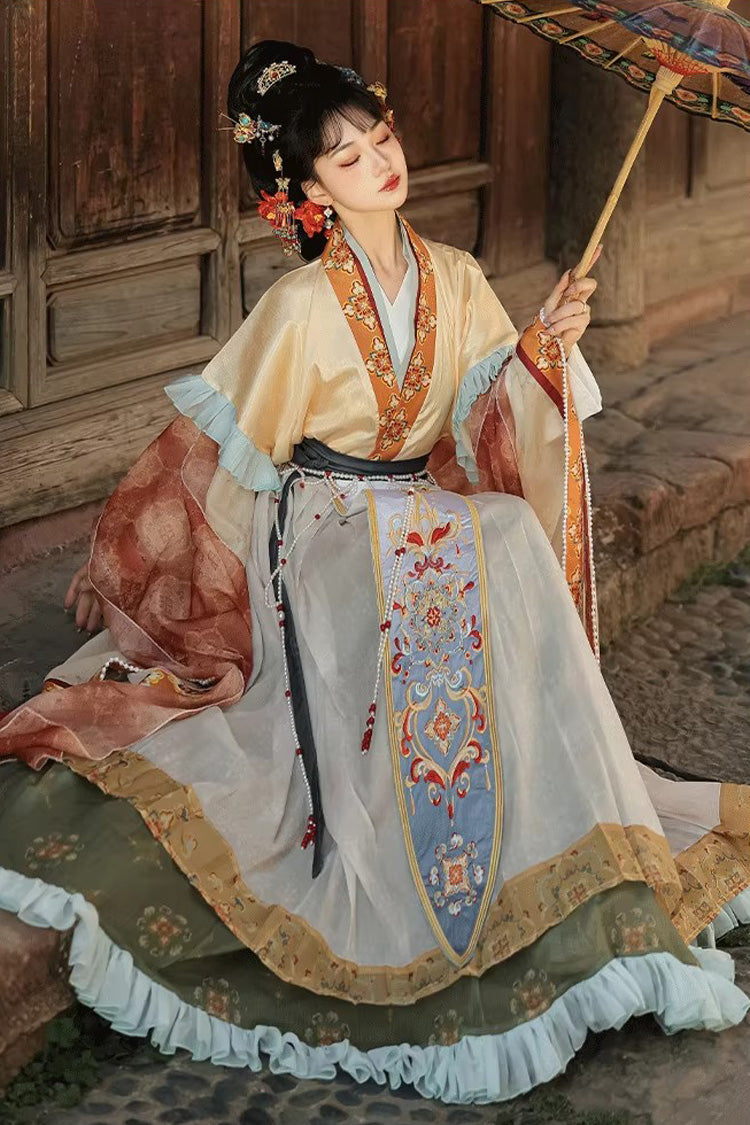 [Cloud-Clad Fairy] Long Sleeves Printed Ruffled Embroidered Classic Chinese Style Hanfu Dress Set 2 Colors - Product - 10