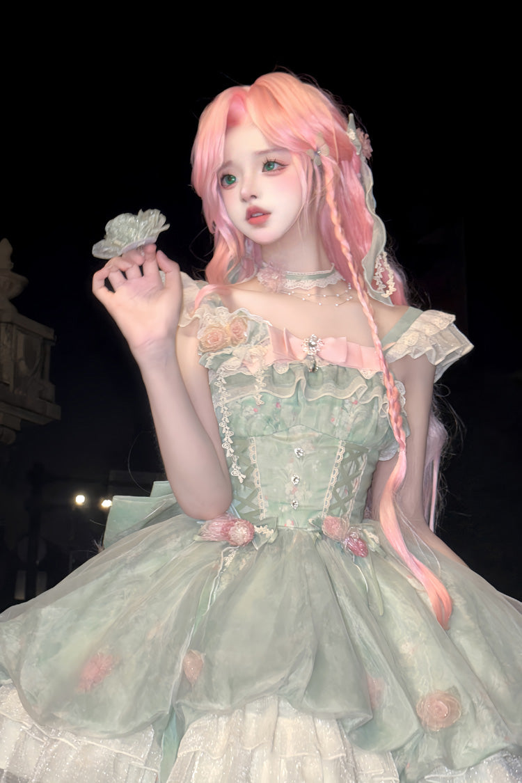 Green Flower Fairy Forest Garden Print Ruffle Bowknot Lace Sweet Lolita Dress - Product - 10