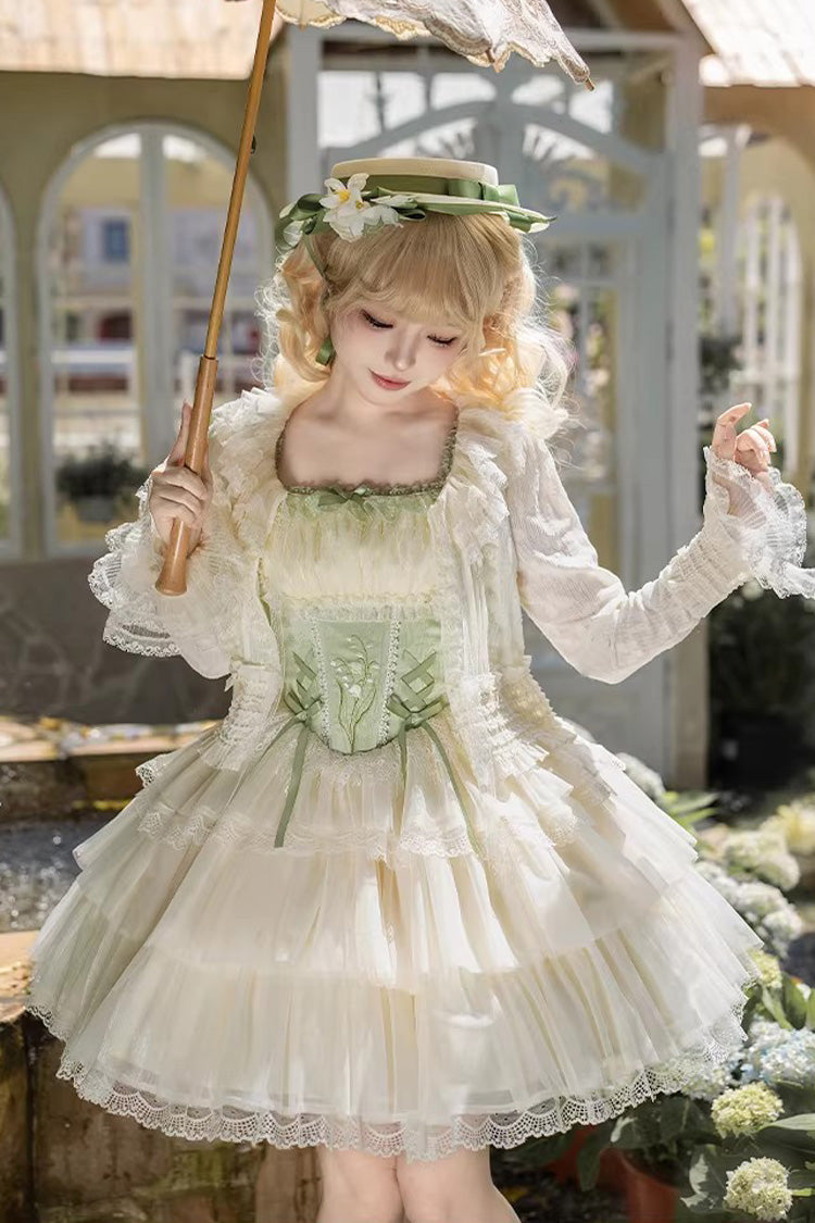 Green [Letters & Poems · Whisper of Lily of the Valley] Square Collar Multi-Layered Ruffled Embroidered Fishbone Sweet Lolita Jsk Dress 2 Versions - Product - 14