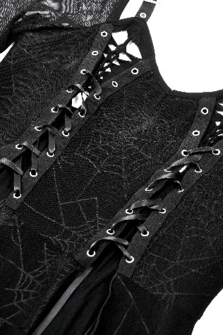 Black Long Sleeves Lace-Up Spiderweb Women's Gothic Elegant Witch Long Dress - Product - 13