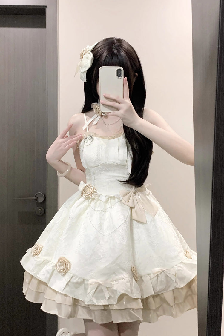 Apricot Print Ruffle Bowknot Sweet Princess Lolita Jsk Dress - Apricot - 1