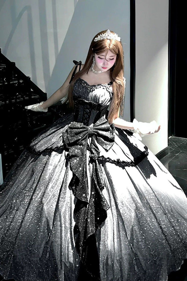 Grey [Galaxy of Fallen Tears] Sleeveless Glitter Series Ruffled Bow Asymmetric Sweet Lolita Jsk Dress - Product - 4