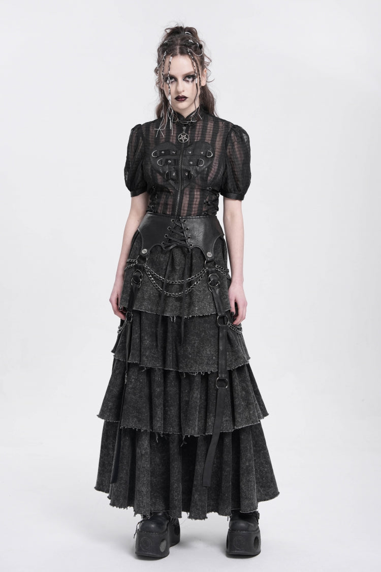 Black Stand Collar Short Puff Sleeves Sheer Mesh Women's Gothic Blouse - Product - 11