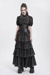 Black Stand Collar Short Puff Sleeves Sheer Mesh Women's Gothic Blouse - Product - 11