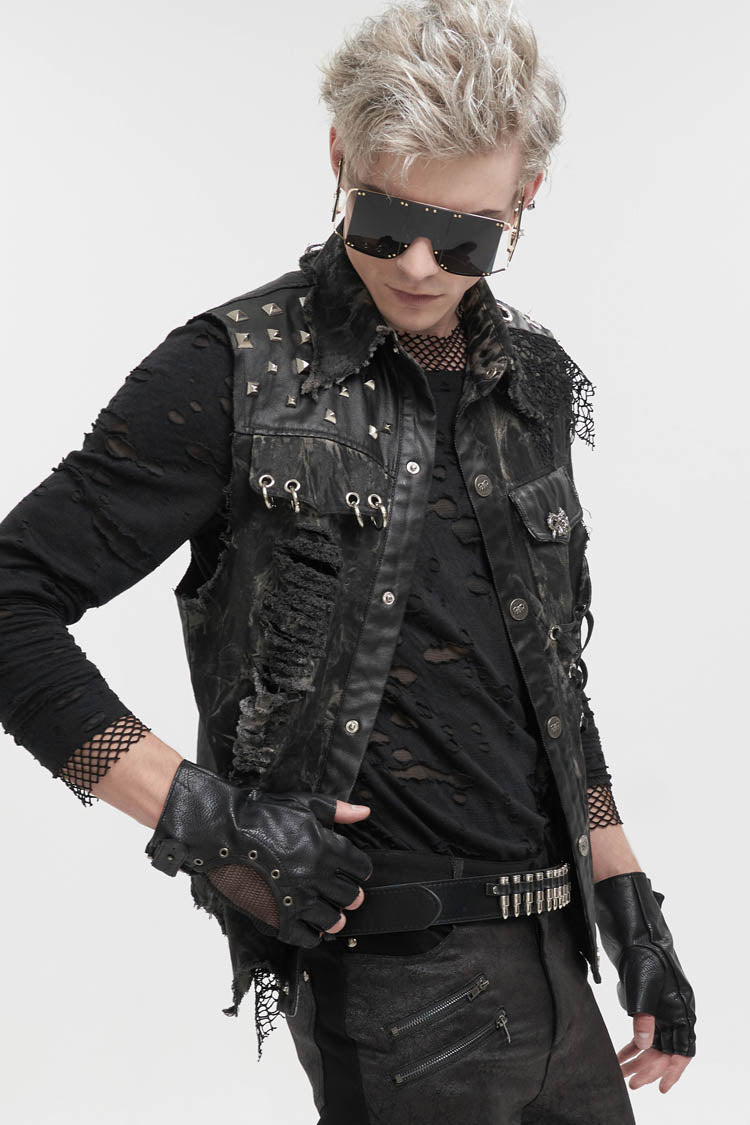 Black Loose Non-Stretch Tie-Dye Decadent Snatched Skull Sheep Head Decoration Men's Punk Vest - Product - 3